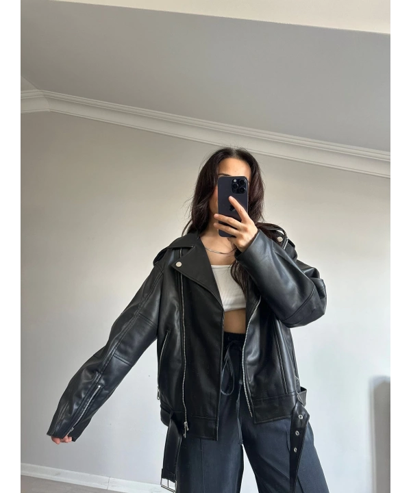 Siyah Deri Biker Ceket