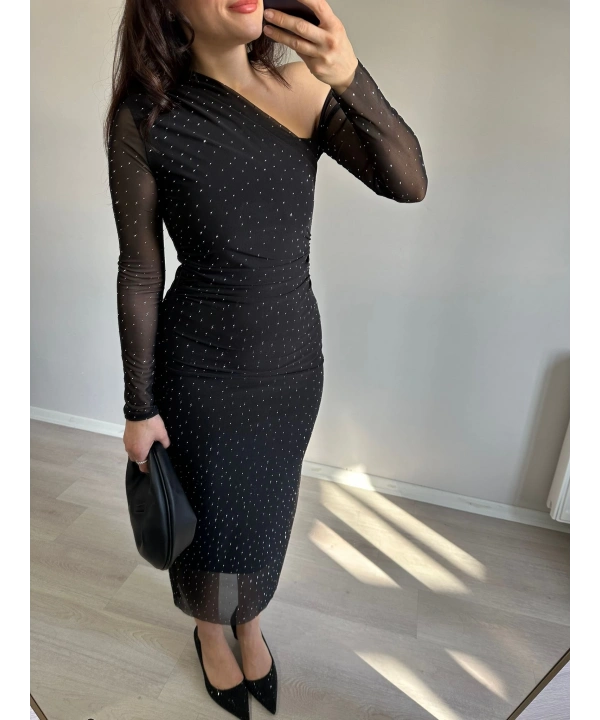 Taşlı Tül Detay Elbise
