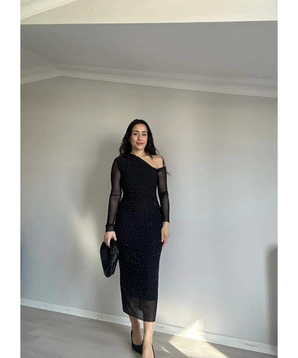 Taşlı Tül Detay Elbise