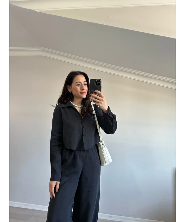 Tensel Kumaş Crop Gömlekli Takım