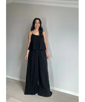 Askılı Kırışık Kumaş Pantolon Takım Siyah