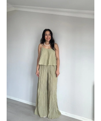 Askılı Kırışık Kumaş Pantolon Takım Yeşil