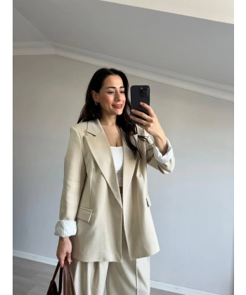 Astarı Çizgili Blazer Ceket Bej