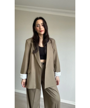 Astarı Çizgili Blazer Ceket Yeşil