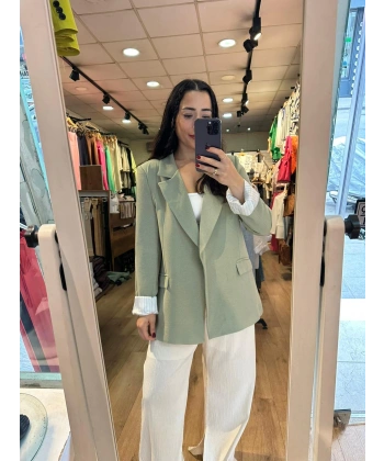 Astarı Çizgili Yeşil Keten Ceket