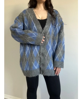 Baklava Desen Hırka Mavi Gri