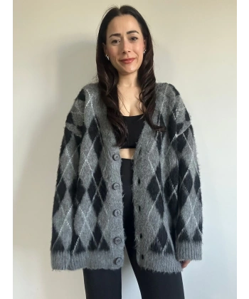 Baklava Desen Hırka Siyah Gri