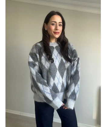 Baklava Desen Kazak Açık Koyu Gri