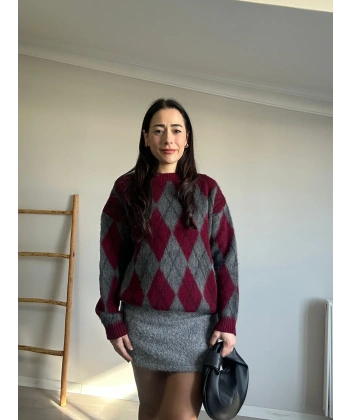 Baklava Desen Kazak Vişne Gri