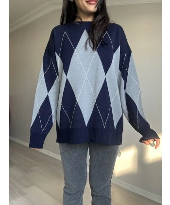 Baklava Desen Lacivert Gri Desenli Kazak