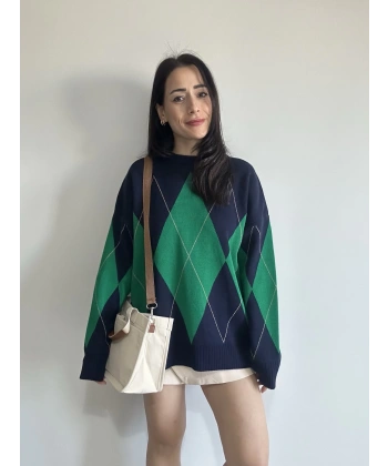 Baklava Desen Lacivert Yeşil Kazak