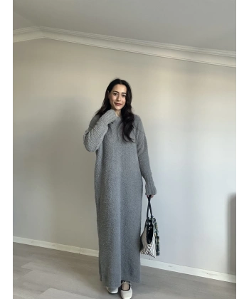 Bisiklet Yaka Buklet Elbise Gri