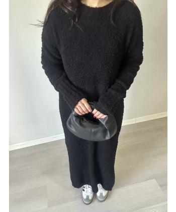 Bisiklet Yaka Buklet Elbise Siyah