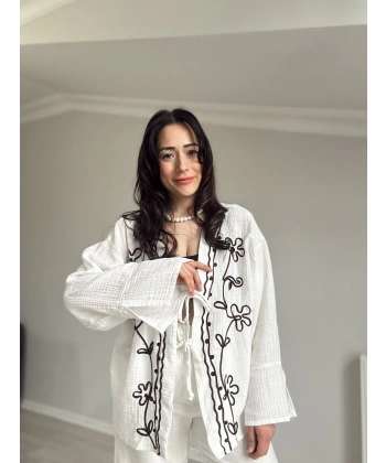 Çiçek Desen Müslin Kimono Beyaz