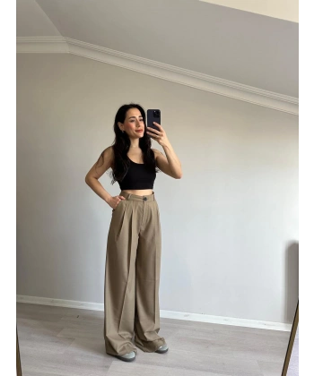 Çift Pile Palazzo Kumaş Pantolon Yeşil