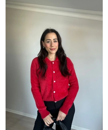 İnci Düğmeli Triko Hırka Kırmızı