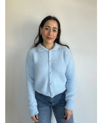 İnci Düğmeli Triko Hırka Mavi