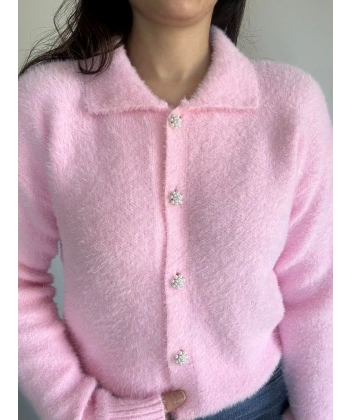 İnci Düğmeli Triko Hırka Pembe