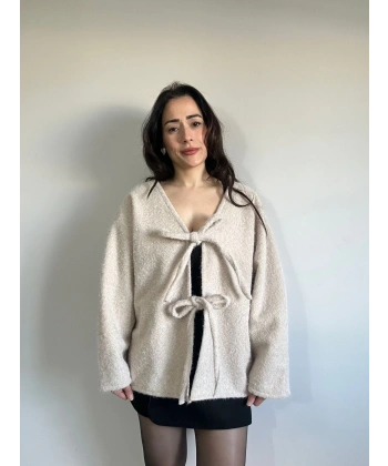 İp Bağlamalı Kaban Hırka Beyaz