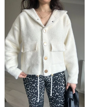 Kapüşonlu Cepli Yumoş Ceket Beyaz