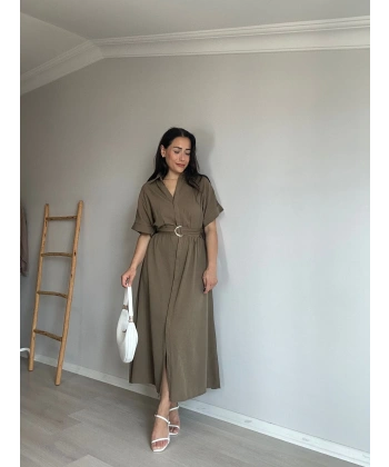 Keten Gömlek Elbise Haki