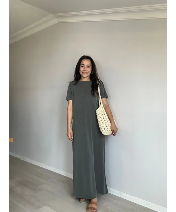 Modal Kumaş Basic Elbise Yeşil