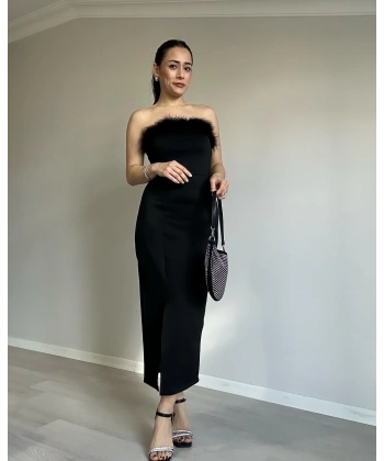 Straplez Tüylü Elbise