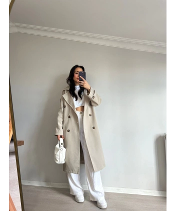 Taş Rengi Astarlı Kemerli Trençkot