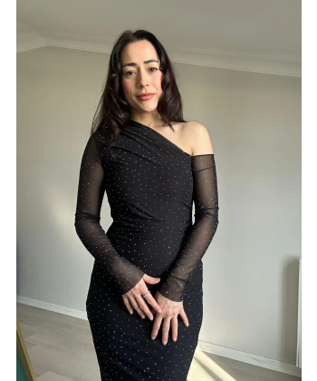 Taşlı Tül Detay Elbise