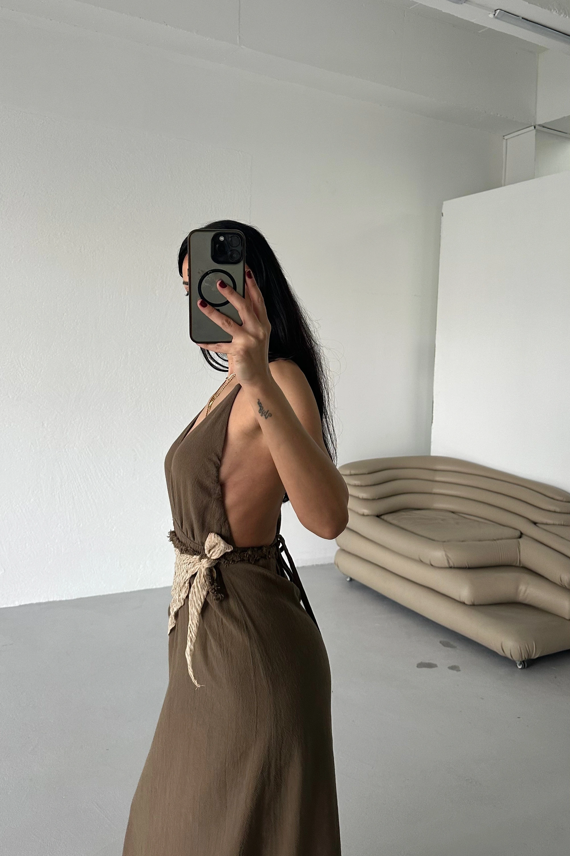 Asimetrik Kol Bohem Elbise-Haki