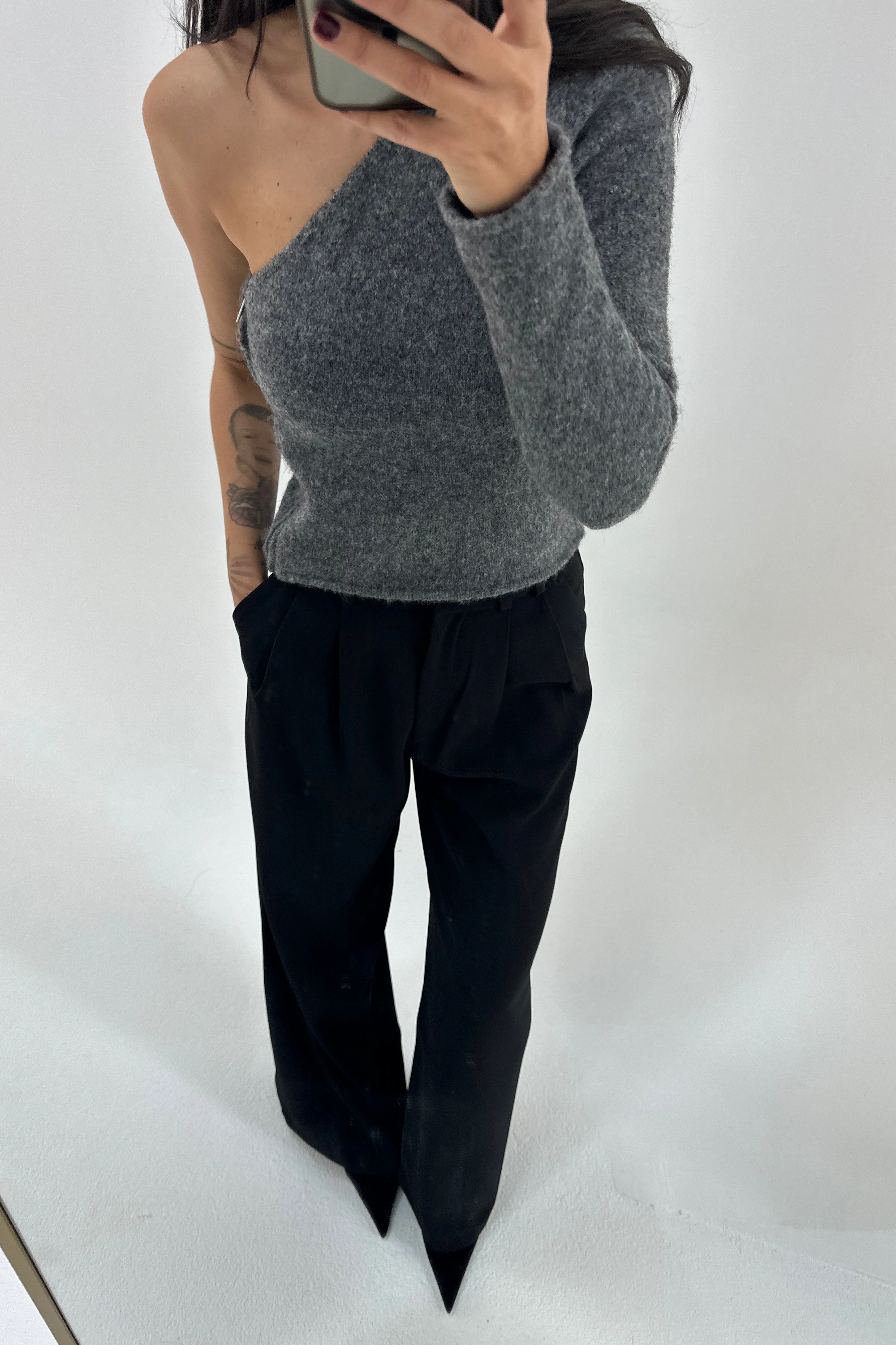 Tek Omuz Triko Kazak Gri