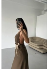 Asimetrik Kol Bohem Elbise-Bej