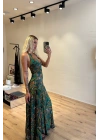 Halter Yakalı Desenli Maxi Elbise