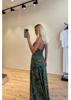 Halter Yakalı Desenli Maxi Elbise