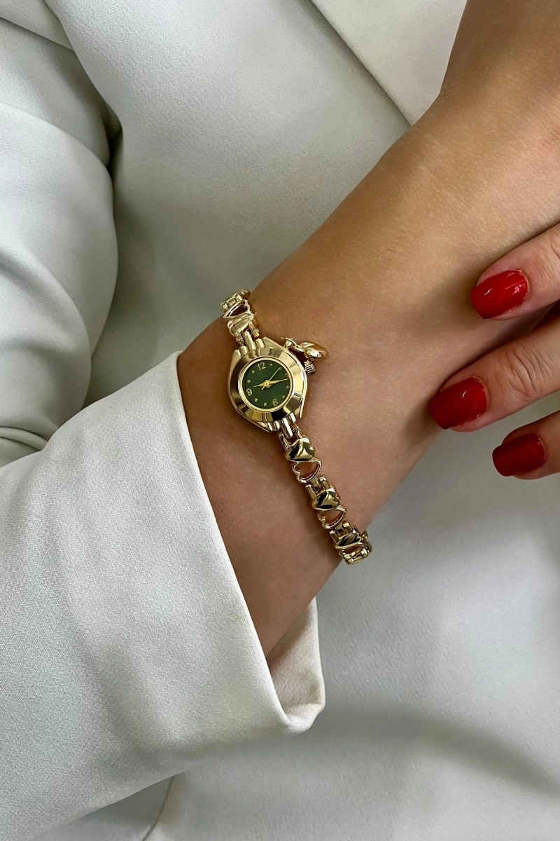 Kalp Kordon Gold İçi Yeşil Kadın Kol Saati