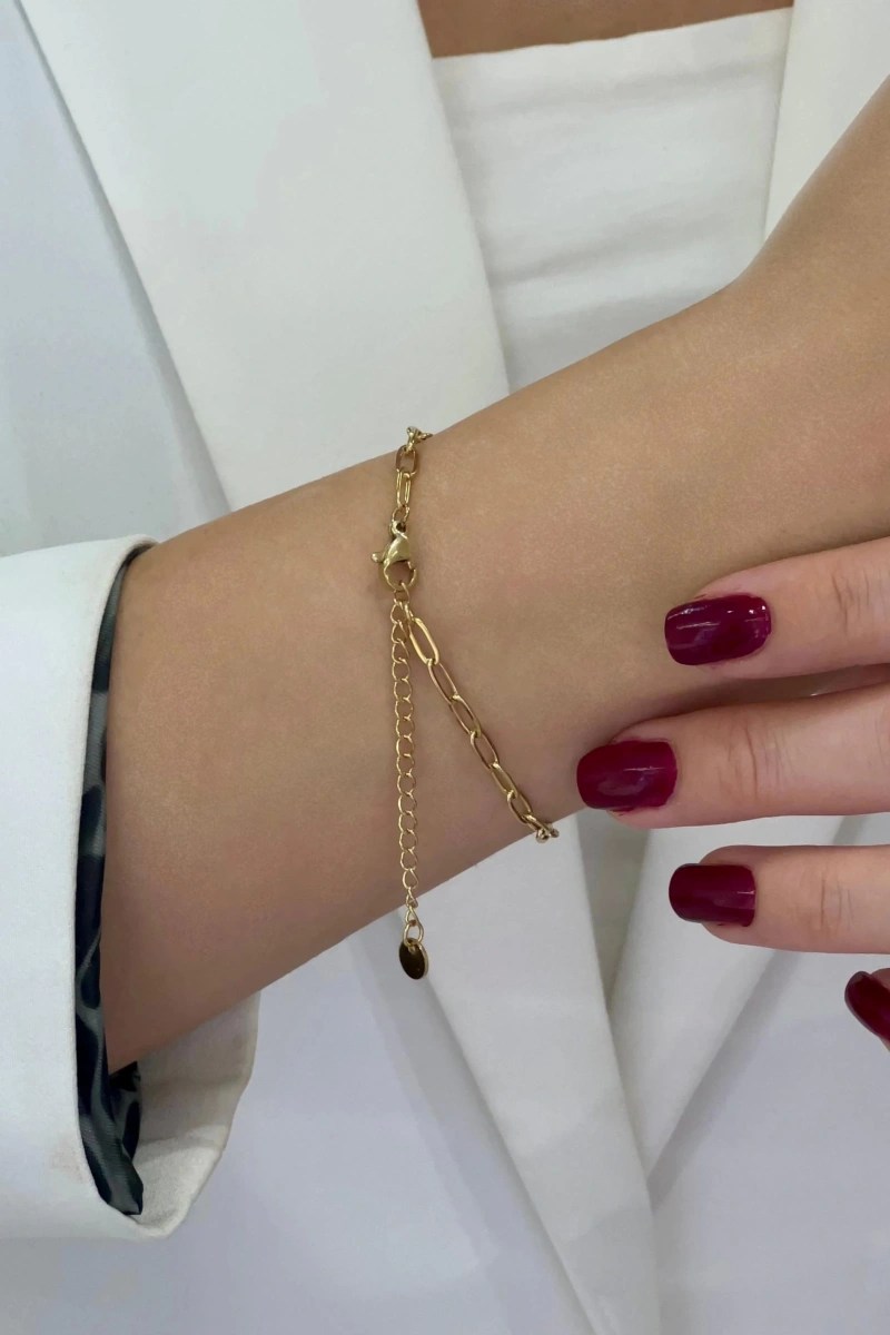 İnce Zincir Detay Çizgili Yonca Model Gold Altın Kaplama Çelik Bileklik