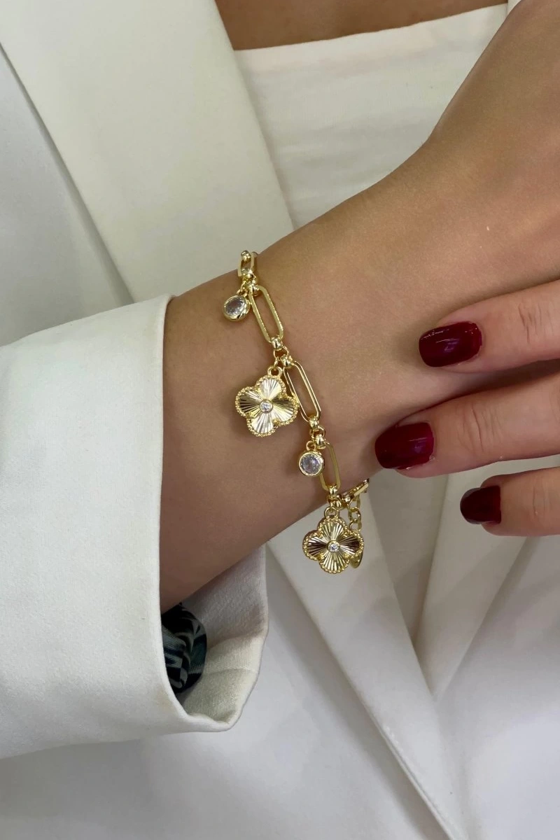 Elips Zincir Sallantılı Yonca Model Gold Altın Kaplama Bileklik