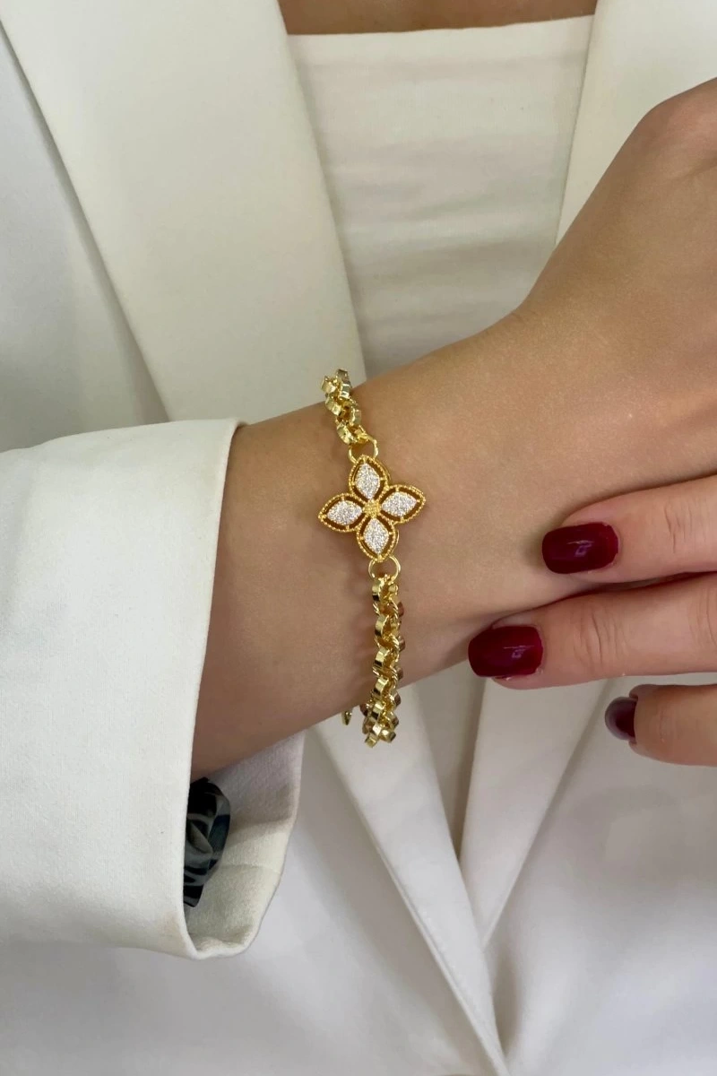 Olimpos Zincir Yonca Detay Gold Altın Kaplama Bileklik