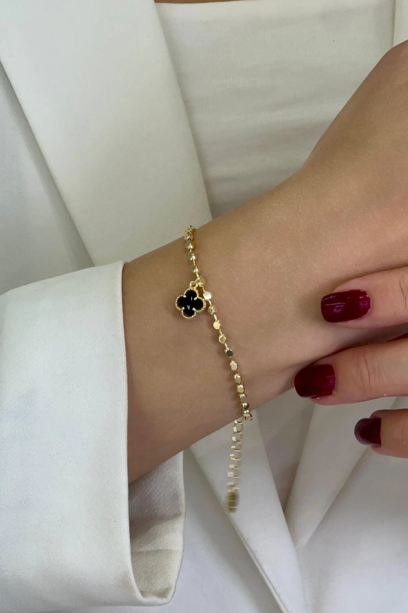 Pul Zincir Siyah Yonca Detay Gold Altın Kaplama Bileklik