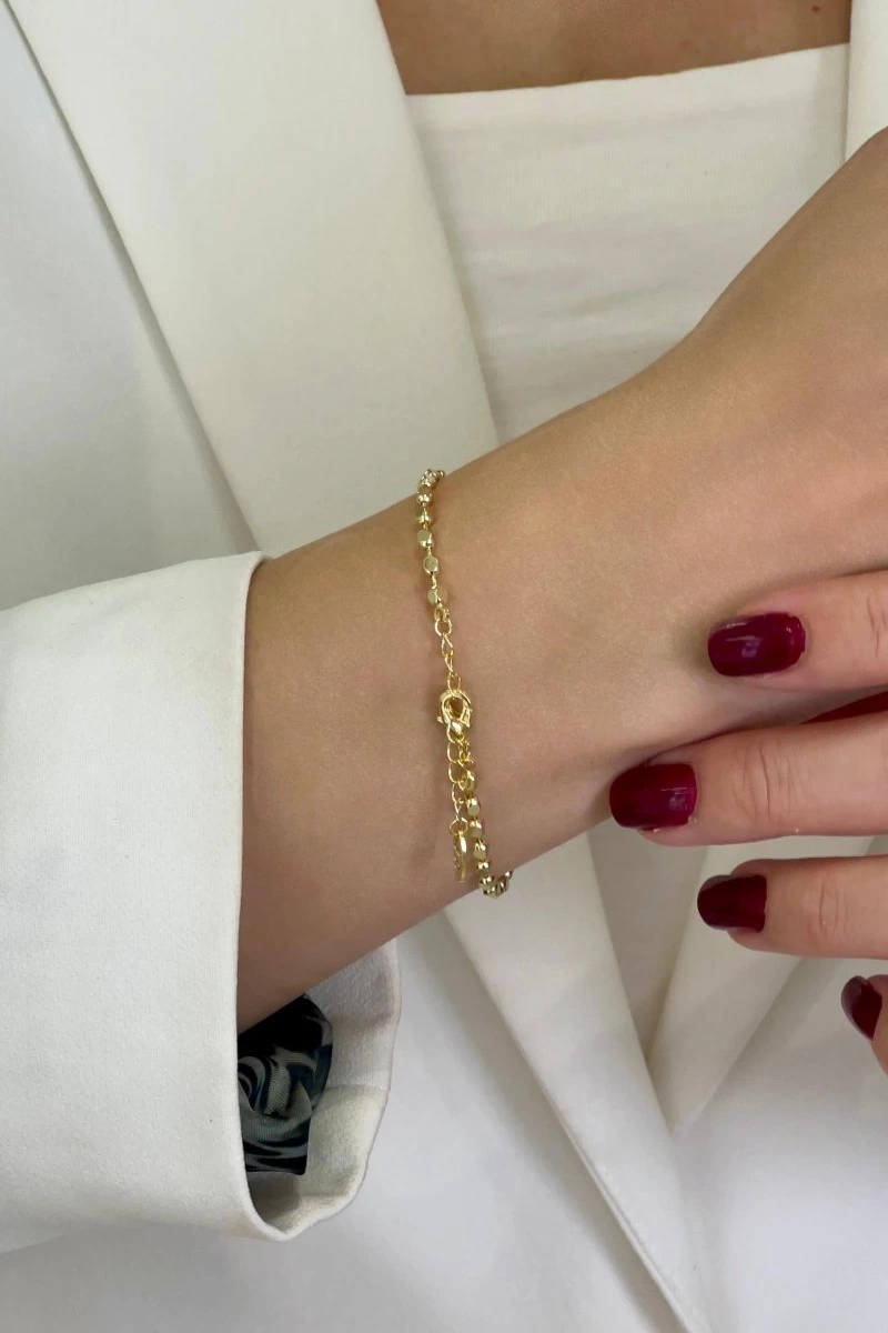 Pul Zincir Siyah Yonca Detay Gold Altın Kaplama Bileklik