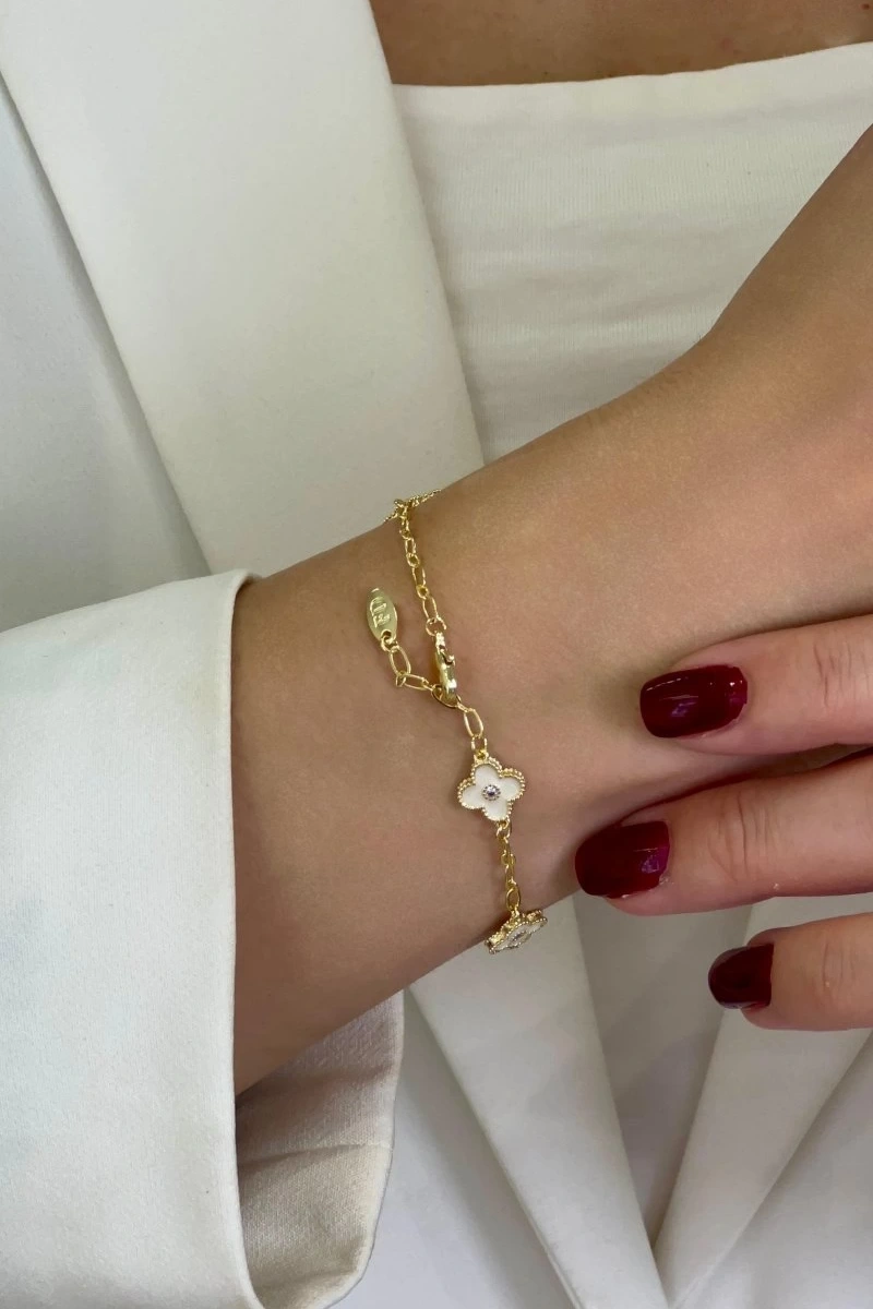 Sıralı Beyaz Yonca Model Gold Altın Kaplama Bileklik