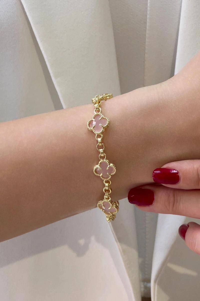 Olimpos Zincir Pembe Yonca Model Gold Altın Kaplama Bileklik