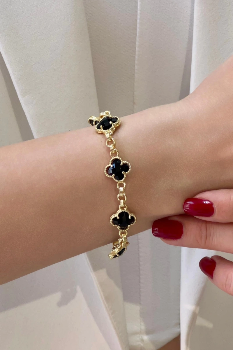 Olimpos Zincir Siyah Yonca Model Gold Altın Kaplama Bileklik