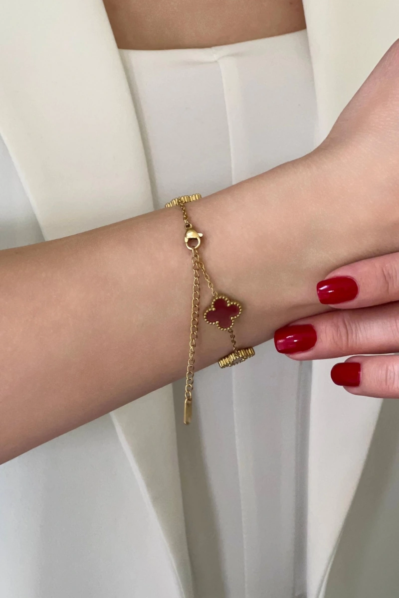 Bordo Renk Yonca Detay Gold Altın Kaplama Çelik Bileklik