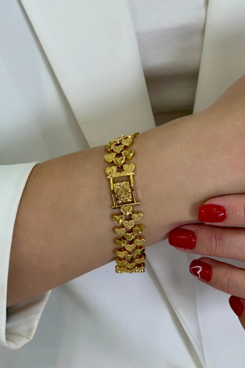 Üç Kalp Kuyum Model Gold Altın Kaplama Bileklik