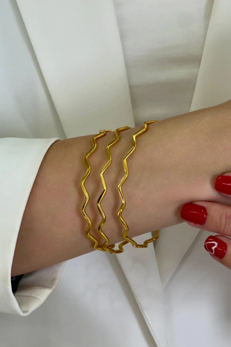 Üçlü Zikzak Kuyum Ajda Model Gold Altın Kaplama Bilezik