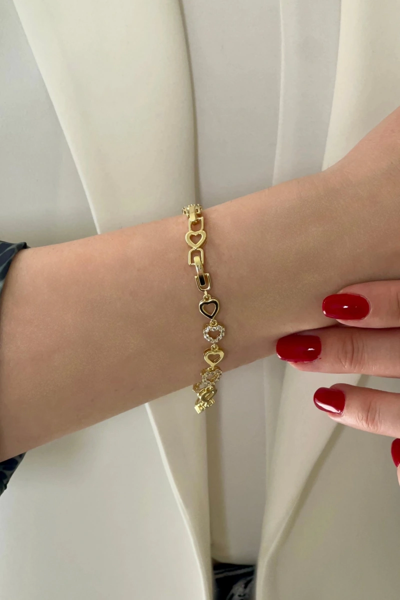 Taşlı Sıralı Kalp Model Gold Altın Kaplama Bileklik