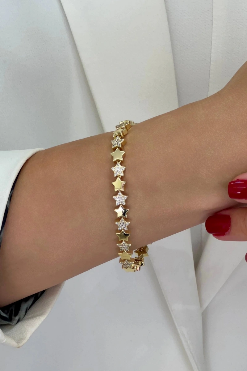 Sıralı Yıldız Model Taş Detay Gold Altın Kaplama Bileklik