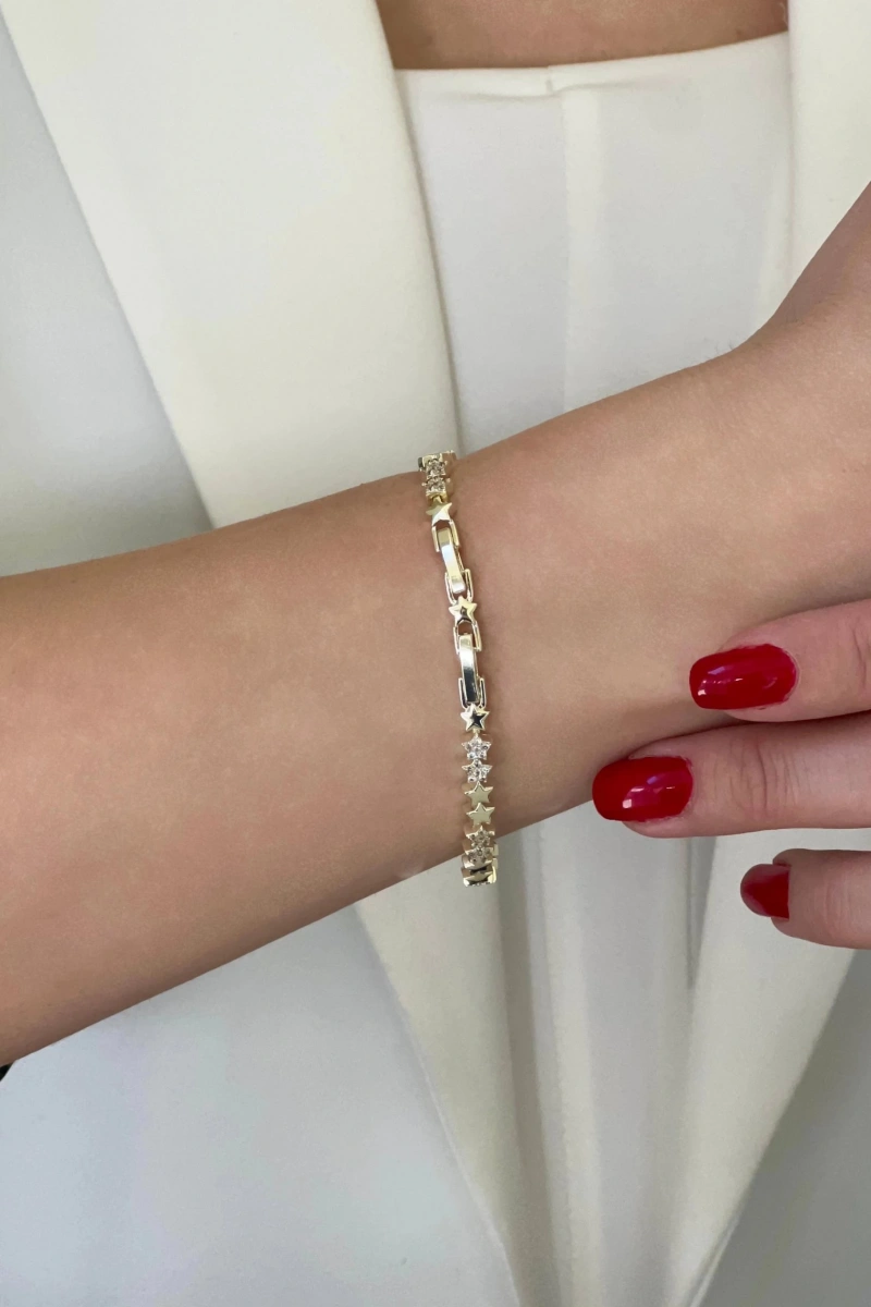 Sıralı Taş Yıldız Model Gold Altın Kaplama Bileklik