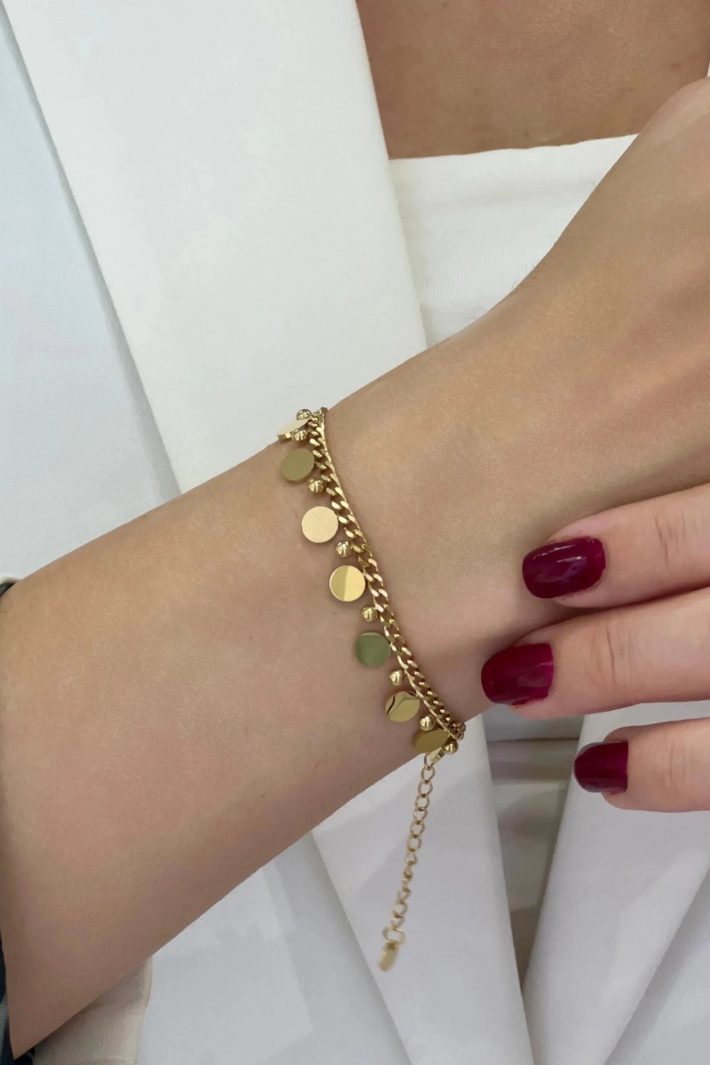 Sık Geçişli Zincir Pul Detay Gold Altın Kaplama Çelik Bileklik